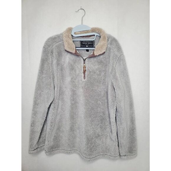 True Grit Made in USA Men's Quarter Zip Teddy Sherpa Pullover Light Grey Outdoor - Picture 7 of 11